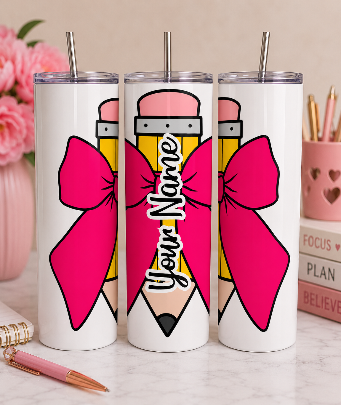 Yellow Pencil w/ Pink Bow Tumbler