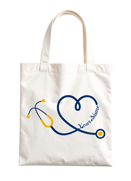 Stethoscope Heart Design Tote Bag - Custom w/ Name