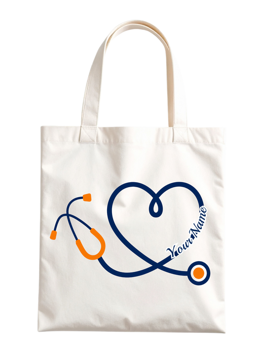 Stethoscope Heart Design Tote Bag - Custom w/ Name